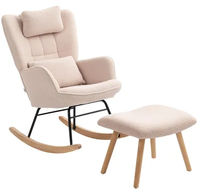 Produktbild von HOMCOM Schaukelstuhl mit Fußhocker, weicher Fleece-Bezug, Holzbeine, Beige