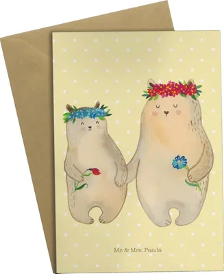 Produktbild von Mr. & Mrs. Panda babykarte Bären mit Blumenkranz - Gelb Pastell - Geschenk, Muttertag, dankeskarten, weihnachtskarten, Mama, einladungskarten, Kinder, Familie, Grußkarte