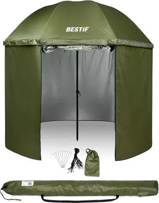 Produktbild von Angelschirm mit Seitenwand & Sichtfenster – Wasserdicht, Schirmzelt klappbar – Windschutz Zelt für Angler, 205 cm Grün