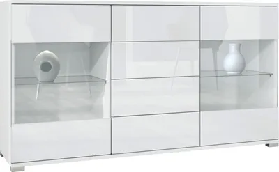 Produktbild von Vladon Sideboard Bari V1, Kommode mit 2 großen Türen und 4 Schubladen, Weiß matt/Weiß Hochglanz (138,5 x 75,5 x 35)