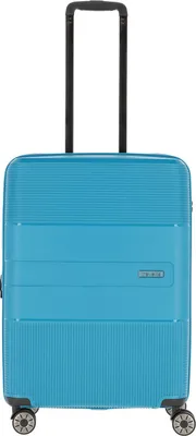 A studio shot of a blue suitcase with a black telescopic handle and wheels.