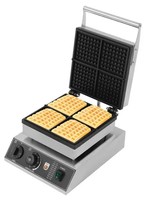 Image de Machine à gaufres professionnelle - Appareil électrique à gaufres - 1750W - Revêtement antiadhésif, aluminium moulé et acier inoxydable - Plaque de cuisson 25,5 x 25,5 cm - Température 50–300°C, minuterie 0–5 minutes - Argent