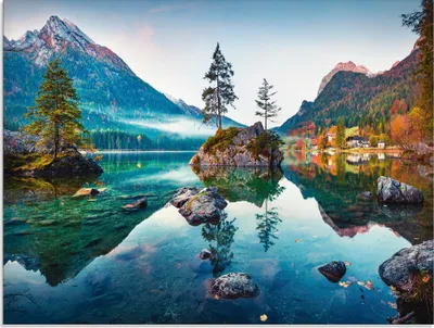 Produktbild von ARTland Glasbild Herbstszene des Hintersee vor Alpen Größe: 60x45 cm