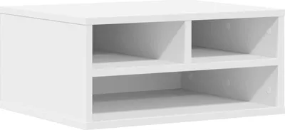 A white shelving unit with two open compartments on top and one larger open compartment on the bottom.