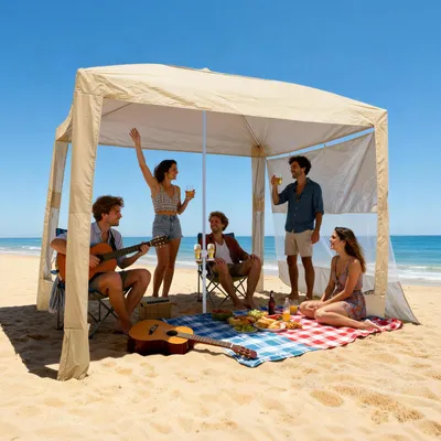 Immagine prodotto di VEVOR Cabana da spiaggia, tenda da spiaggia 2,4 x 2,4 m con parete laterale, protezione solare UPF 50+, gazebo da spiaggia con sacchi di sabbia, parasole regolabile in altezza e trasportabile per la famiglia e gli amici, blu