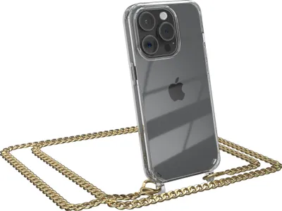 Produktbild von EAZY CASE Metall Handykette für Apple iPhone 15 Pro, Handyhülle mit Umhängeband, Silikonhülle, Metallkette für Smartphone in Gold
