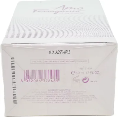 The image shows the side of a perfume box with product information and a barcode.