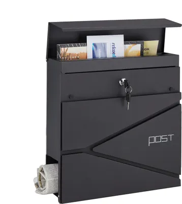 Image de Boîte aux lettres Relaxdays avec compartiment à journaux, dimensions intérieures 37 x 37 x 11 cm, 2 clés, acier, boîte aux lettres moderne à motifs, noire