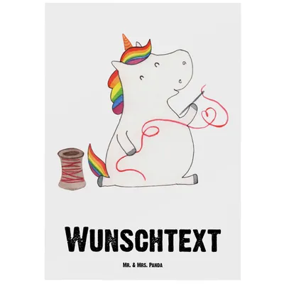 Produktbild von Mr. & Mrs. Panda Personalisierte Postkarte Einhorn Näherin - Weiß - Personalisierte Geschenke, Unicorn, Häkeln, Einhorn Deko, Postkarte personalisierbar, Pegasus