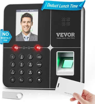 Produktbild von VEVOR-Gerät zur Zeit- und Anwesenheitserfassung von Mitarbeitern, integriert Gesichtserkennung, Fingerabdruck, RFID-Karte und PIN-Eingabe, unabhängige Biometrie