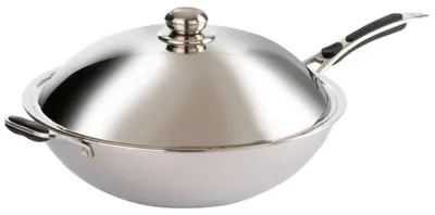 Imagen del producto de Sartén wok de la marca KBS con asa, apta para cocinas de inducción, con tapa de acero inoxidable, de 360 mm de diámetro