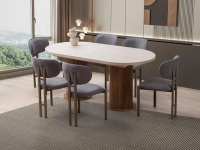 Produktbild von Skye Decor, Erweiterbarer Esstisch, Travertin und Walnuss, 180 x 90 cm (ausziehbar auf 216 cm) | 100% melaminbeschichtete Spanplatte, 18 mm dick | Modernes Design, 100 kg Tragfähigkeit.