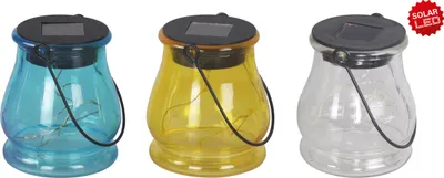 Three solar-powered LED lanterns in different colors (blue, yellow, and clear) are displayed side-by-side against a white background.