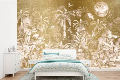 Produktbild von MuchoWow® Fototapete für Wohnzimmer oder Schlafzimmer Wandtapete Vinyl Motivtapete Dschungel - Gold - Kinder - Pflanzen - Tiere - 600x400 cm - Kindertapete - Vinyltapeten