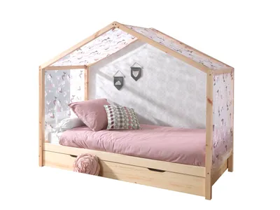 Produktbild von Hausbett Dallas 3 90x200 mit Bettkasten und Voile mit Schmetterlingsmuster - kieferholz/rosa