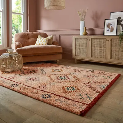 Produktbild von Wollteppich Hochflor Rauten, Ethno (Berber), Schlafzimmer Pfirsich Rechteckig 200x290 | 100% Wolle, Rücken aus 100% Baumwolle | Florhöhe: 25 cm