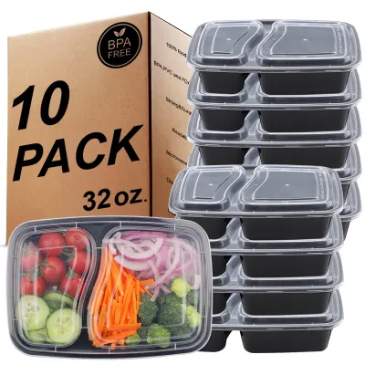 Image de Boîte à lunch bento à 2 compartiments, couvercle hermétique, sans BPA, réutilisable, adaptée au congélateur, au micro-ondes et au lave-vaisselle – lot de 10, 946 ml