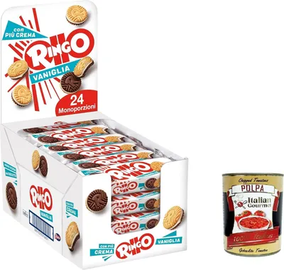 Produktbild von Pavesi - Ringo biscotti farcito con crema alla vaniglia 55gr, confezione da 24– Ringo Kekse gefüllt mit Vanillecreme, 55 g, 24er-Packung [1320 g] + Italian Gourmet polpa 400g