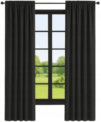 A black curtain hangs on either side of a window, revealing a green landscape outside.