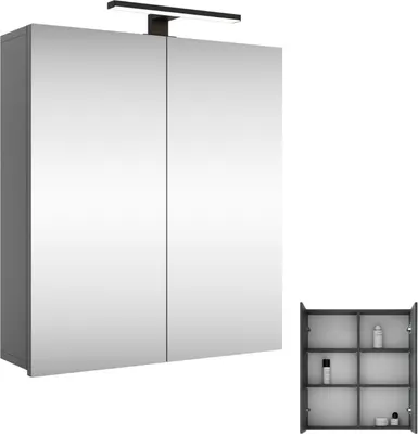 A mirrored cabinet with a light above it, and a separate smaller cabinet with shelves.