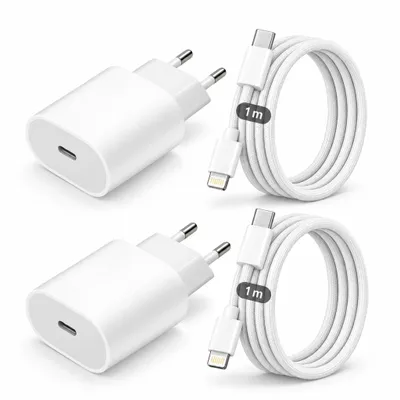 Produktbild von 2x iPhone Lightning Ladegeräte 20W Schnellladegeräte mit Lightning Kabel – USB-C Lightning Ladeset für iPhone 14 13 12 11 Pro Max X XR XS SE