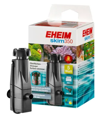 Product packaging for an EHEIM skim350 surface skimmer, with the product itself shown in front of the box.