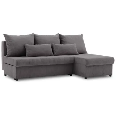 A dark gray sectional sofa with a chaise lounge and several throw pillows, shown against a white background.