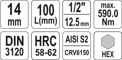 Produktbild von Yato YT-04397, 1 Stück(e), Hex (metrisch), 14 mm, Chrom-Vanadium-Stahl, Stahl, 100 mm, 25,4 / 2 mm (1 / 2")