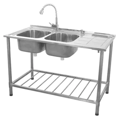 Immagine prodotto di Lavello da cucina Gastro, argento, con doppio lavabo e superficie di scolo, posizionato a destra, modello autoportante