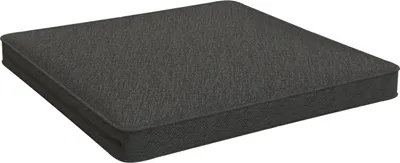 A dark gray cushion is shown from a slightly elevated angle against a white background.