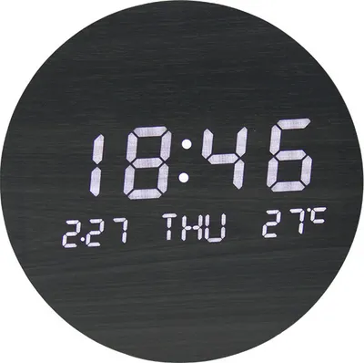 A round digital clock displaying the time, date, and temperature.