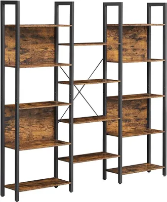 A freestanding bookshelf with multiple shelves and a metal frame.