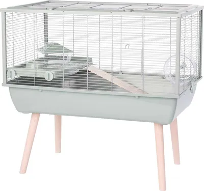 A hamster cage with accessories, standing on wooden legs, against a white background.