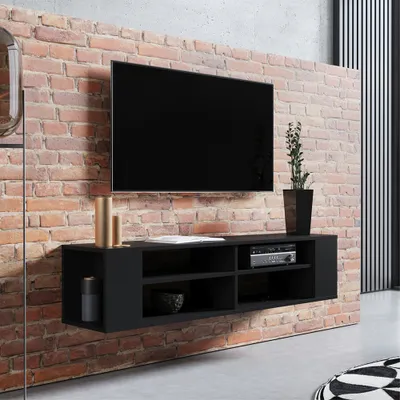 Image de Selsey WERI - Tableau TV / TV - Tableau suspendu Noir avec 4 compartiments ouverts, minimaliste, largeur 140 cm