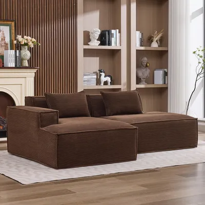 Obrázek produktu pro Modulární pohovka LVHOM z kordového materiálu, 233 cm, nízká lounge pohovka pro 2 osoby s lehátkem, snadno udržovatelná pohovka do obývacího pokoje, bez montáže, hnědá