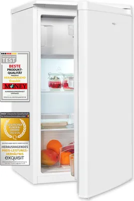 A white refrigerator with its door open, showing some food items inside and several award stickers on the left side.