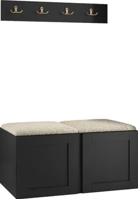 Produktbild von MIRJAN24 Garderoben-Set Orion Ramiro VI, Schuhschrank, Kleiderhakenbrett, 2x Sitzpaneel 42x42, Metallgriffe, 4 Kleiderhaken (Farbe: Schwarz, Abriamo 03)
