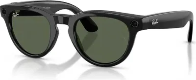 A pair of black Ray-Ban sunglasses with green lenses, shown from a front-side angle on a white background.