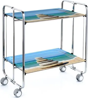 Image de CHARIOT DE SERVICE PLIABLE STYLE BAUHAUS - Structure en métal chromé, 2 niveaux, 4 positions, équipé de roulettes