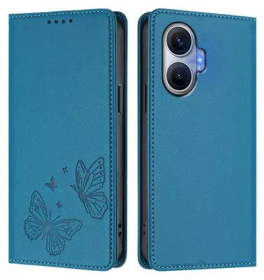 Produktbild von Lederhülle für Xiaomi Poco F7/Redmi Turbo 4 Pro, Schmetterling Prägung Leder Brieftasche Schutzhülle mit Ständer Blau