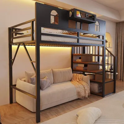 Productafbeelding van Metaal hoogslaper 90x200 cm met opbergruimte, leuning en lichtbalk, zwart hoogslaper met opbergvak, raamdesign en open ruimte onder het bed