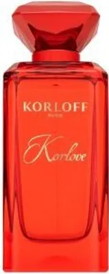 A red bottle of Korloff Paris Korlove Eau de Parfum for women.