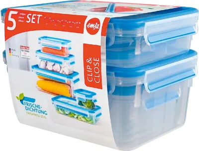 Produktbild von Emsa Clip & Close 5er Set Frischhaltedosen, 0.25 L, 0.55 L, 1 L, 1.20 L, 2.30 L, Brotdose, Frischhaltebox, Box, 512753