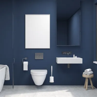 Produktbild von Relaxdays Toilettenbürste mit Wandhalterung, schnelltrocknend, WC-Bürste, Behälter, ohne Bohren, Kunststoff, weiß-grau