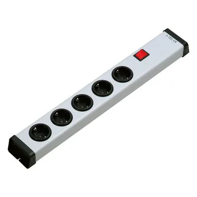 A silver power strip with five black outlets and a red switch is shown against a white background.