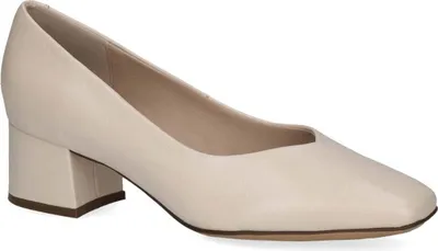 A single beige pump shoe is shown from a side-angle.