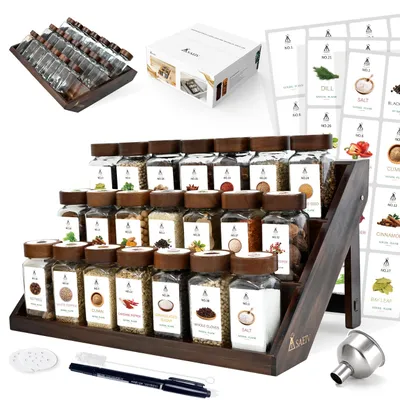Immagine prodotto di Scaffale portaspezie in legno di acacia - Portaspezie 2 in 1 - Set di 21 barattoli quadrati da 120 ml - Coperchi in legno - 120 etichette - Vetro borosilicato -  FCM - Legno naturale/vetro trasparente