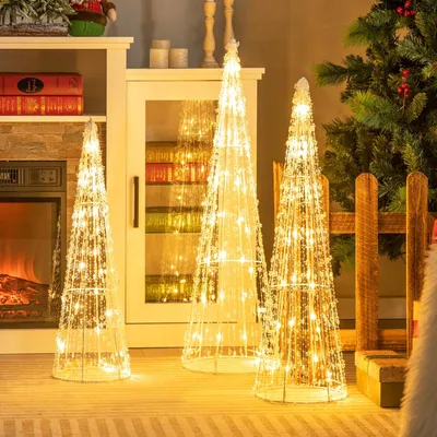 Imagen del producto de COSTWAY, árbol de Navidad LED en forma de cono, 81/72/62 cm, decoración navideña iluminada con 90 LEDs en blanco cálido y adornos con forma de estrella, árbol de Navidad metálico