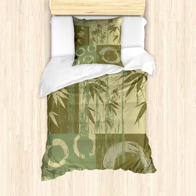 Produktbild von ABAKUHAUS Bambus Bettbezug Set, Zen Kreis Und Bambus Silhouette Über Vintage Color Oriental Östlichen Patchwork Kunstdruck, 135 x 200 cm + 80 x 80 cm, Grün