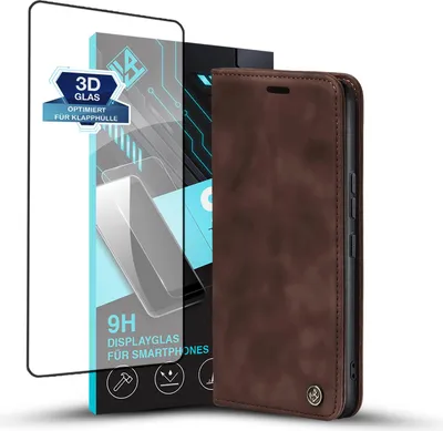 Produktbild von Handy Hülle für Xiaomi 15 Pro mit 9H Displayglas Klapphülle Bookcase Flip Cover Handy Tasche Etui Farbe: Dunkelbraun